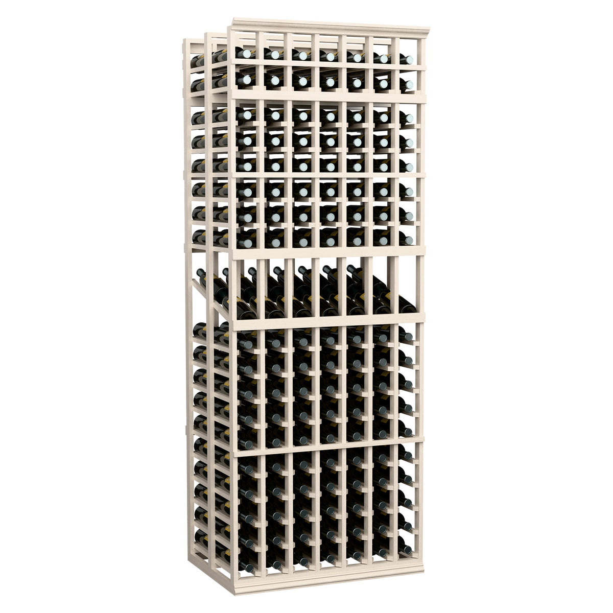 7-column double-deep display rack with whitewashed frame and wine bottle slots