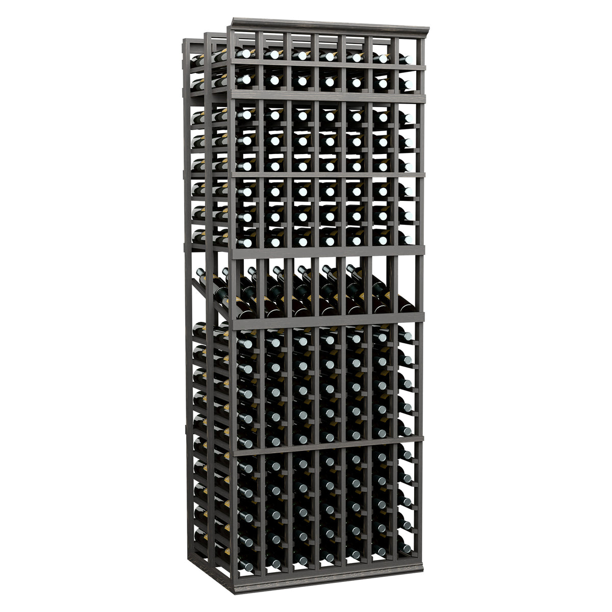 7-column double-deep wine display rack with dark frame and bottle cubby slots