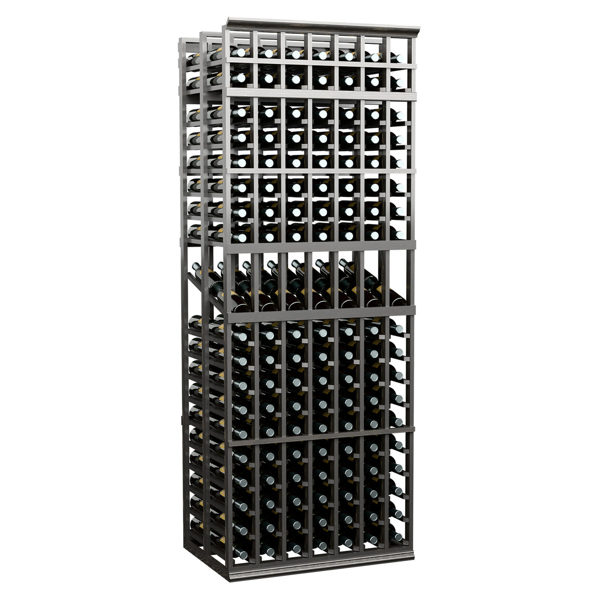 7-column double-deep wine display rack with dark frame and front-facing bottle rows
