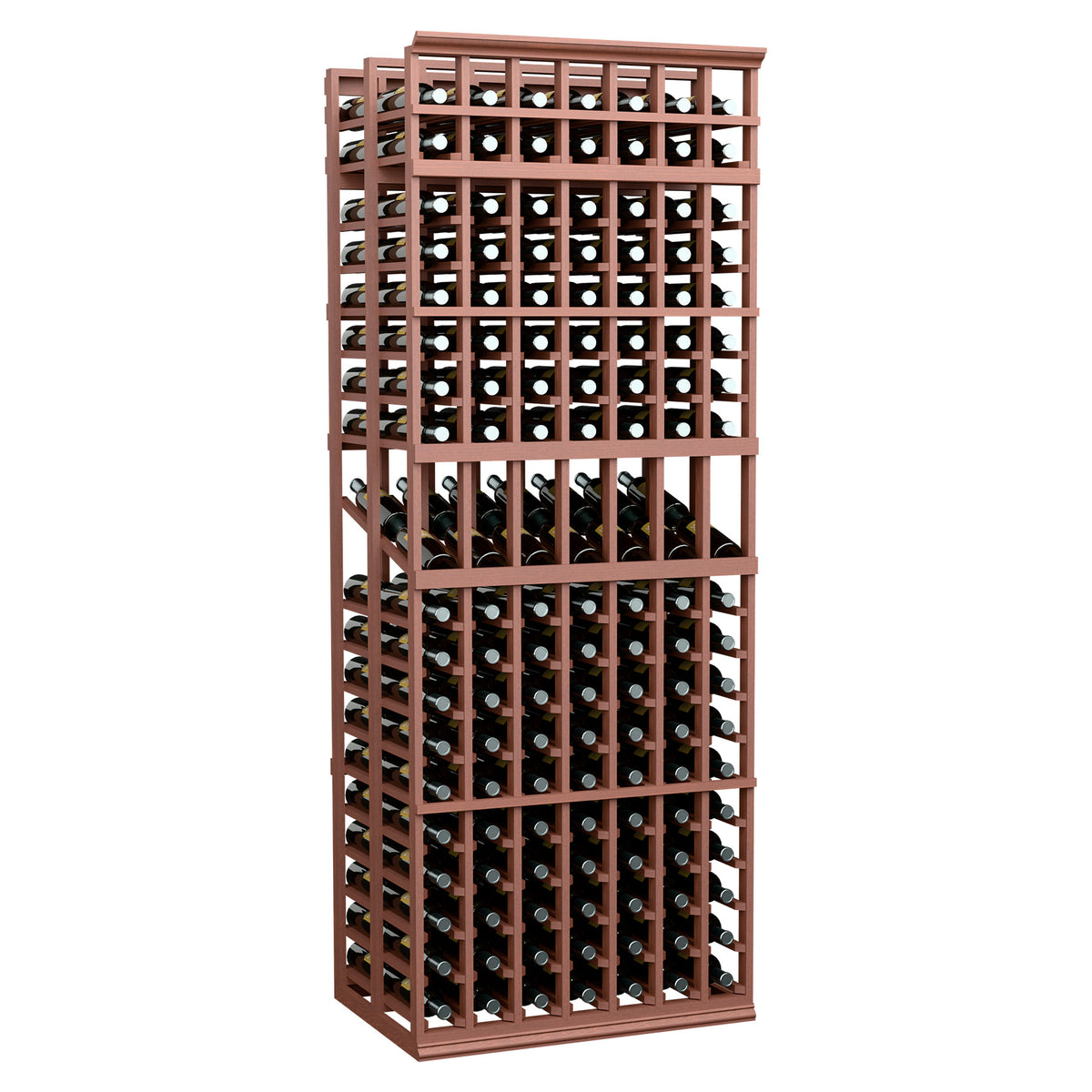 7-column double-deep wine display rack with warm wood frame and bottle slots
