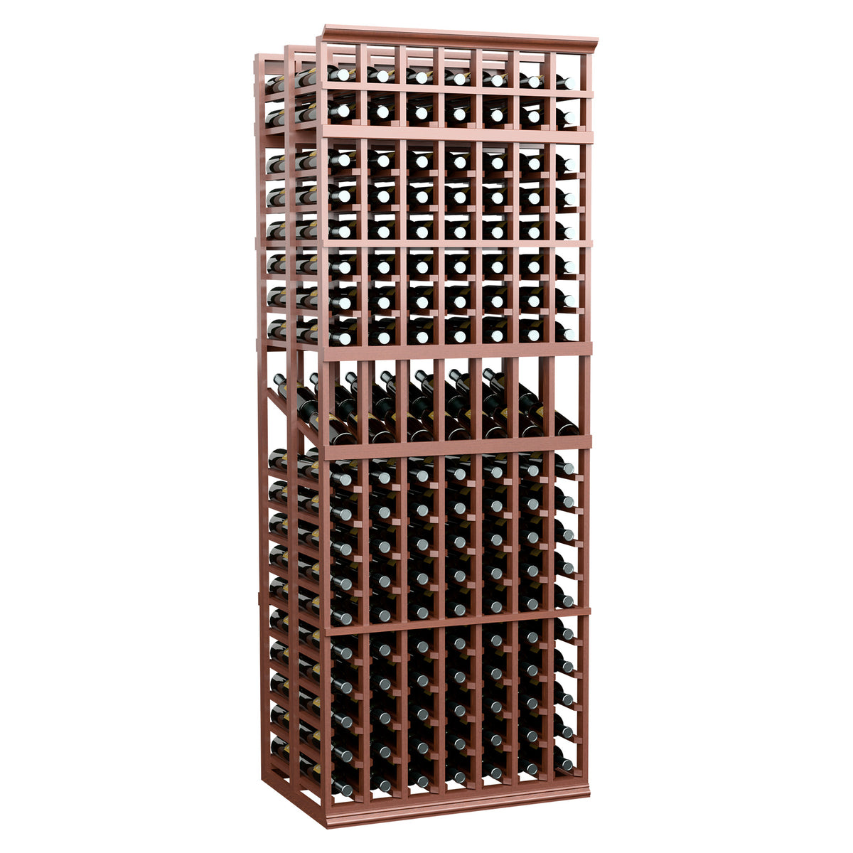 7-column double-deep wine display rack with brown wood frame and two-tier bottle storage