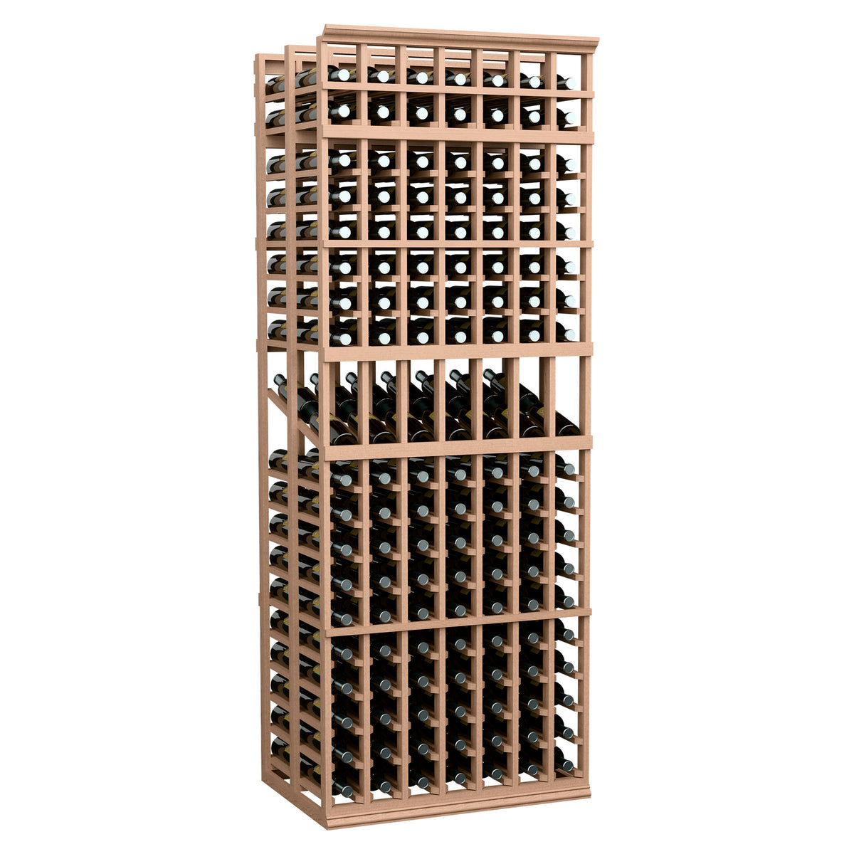 7-column double-deep wine display rack with light wood frame and bottle cubbies