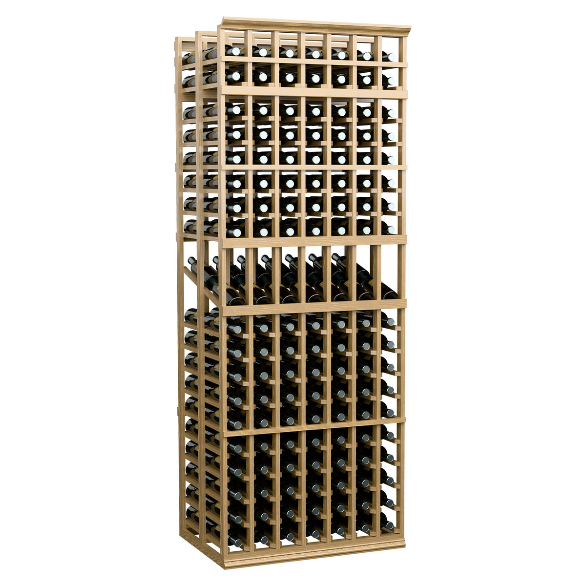 7-column double-deep wine display rack with light wood frame and two-deep bottle storage