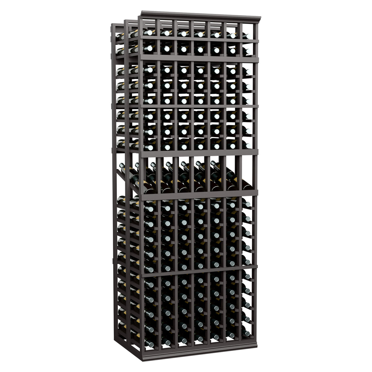 7-column double-deep wine display rack with black frame and multiple bottle compartments
