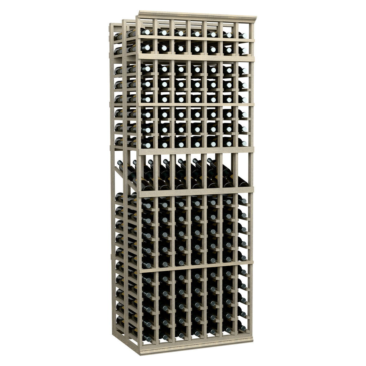 7-column double deep wine display rack with black and white bottle slots, light wood frame