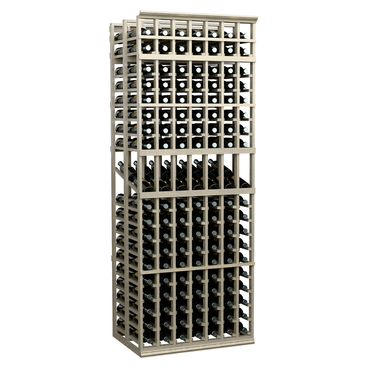 7-column double deep wine display rack with black bottle slots, white accents, light wood