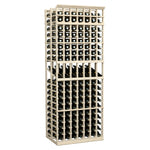 7-column double deep wine display rack, front view with black bottle grid, light wood frame