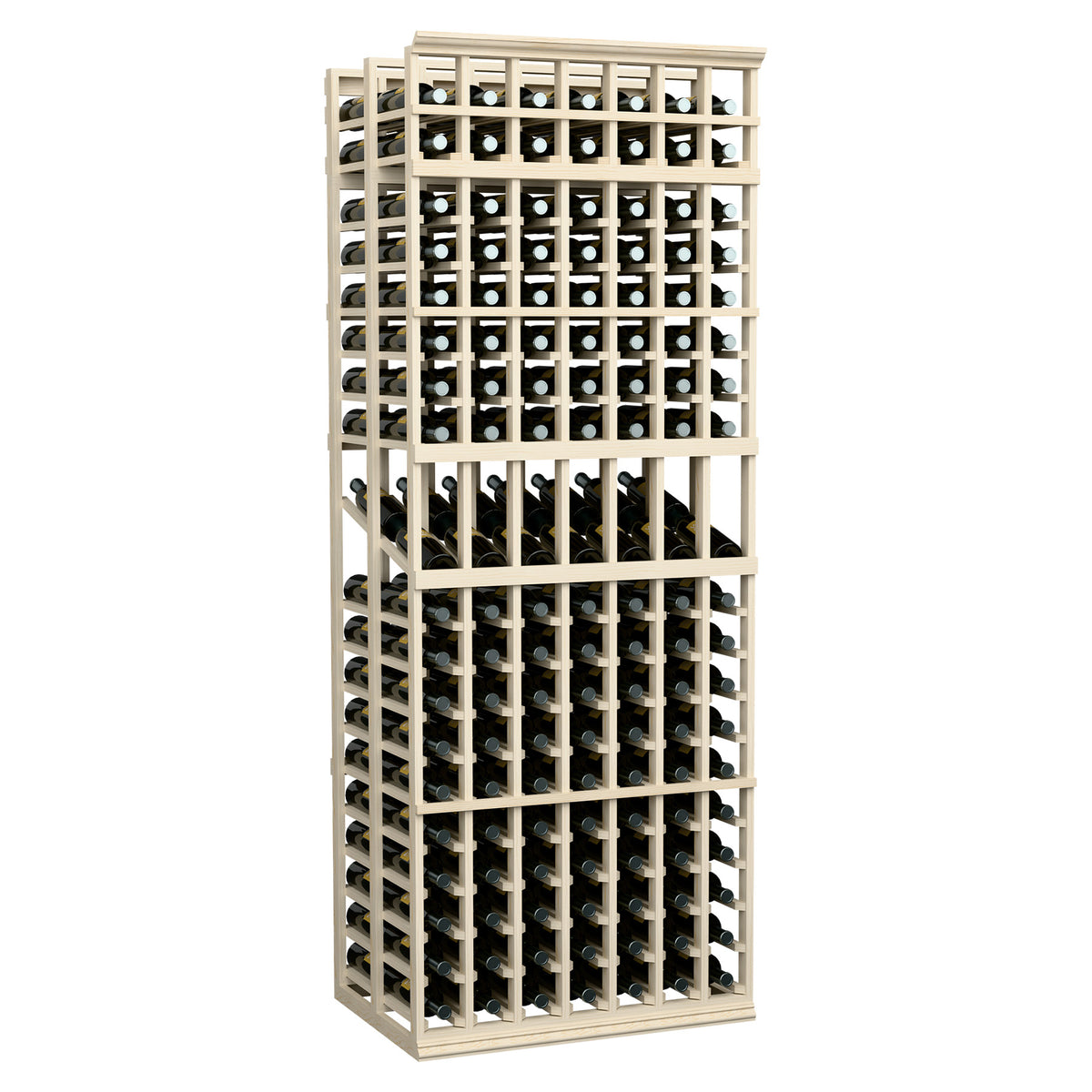 7-column double deep wine display rack, front view with black bottle grid, light wood frame