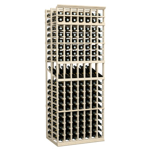 7-column double deep wine display rack, front view with black bottle grid, light wood frame