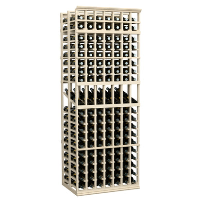7-column double deep wine display rack, front view with black bottle grid, light wood frame
