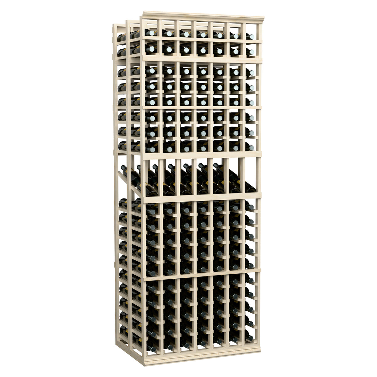 7-column double deep wine display rack with black bottle holders and light wood lattice frame