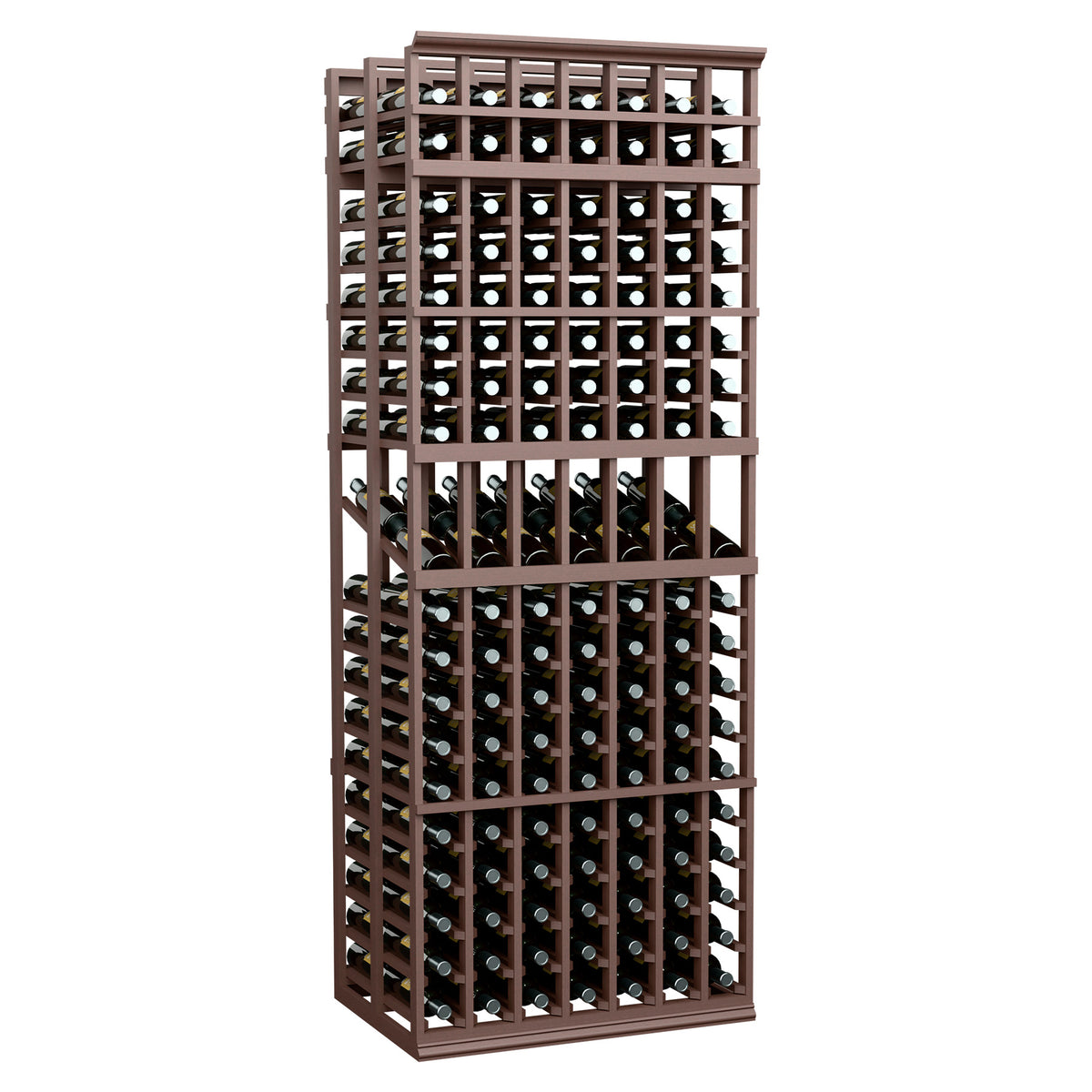 7-column double deep wine display rack with dark brown frame and black bottle slots