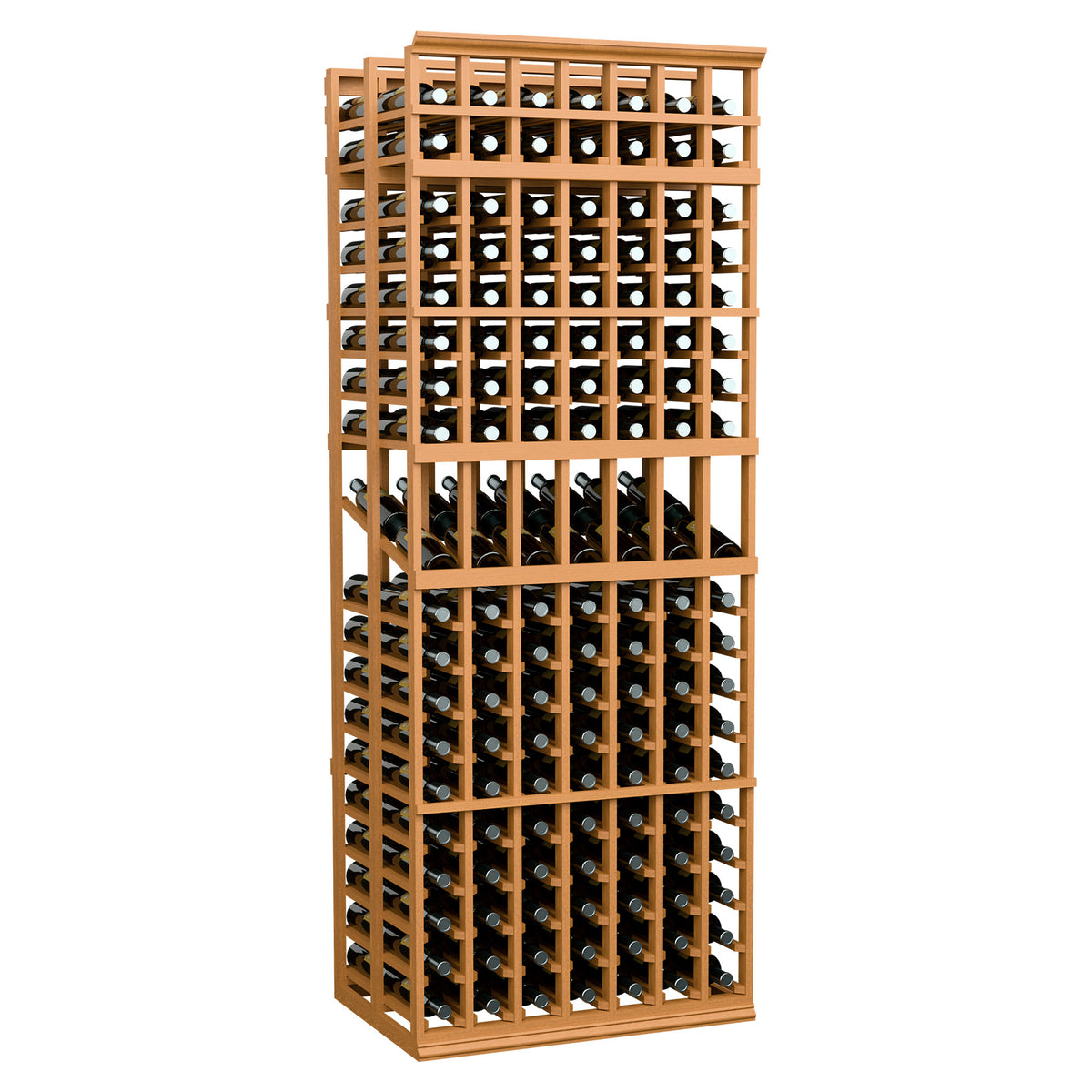 7-column double deep wine display rack with warm wood frame and black bottle slots
