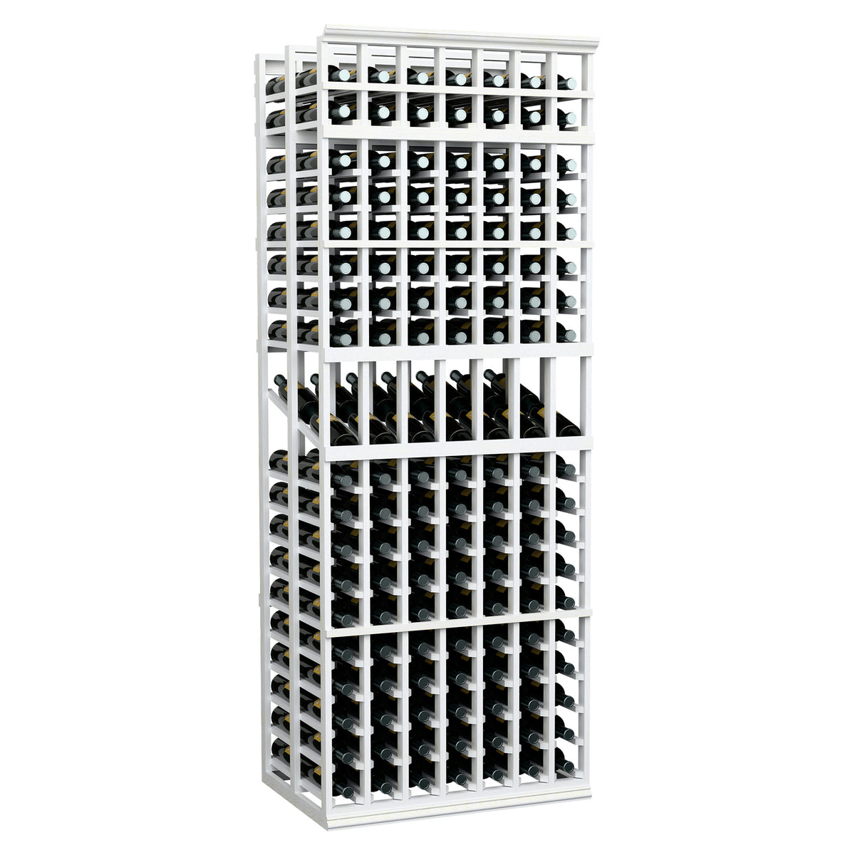 7-column double deep wine display rack with white frame and black bottle grid