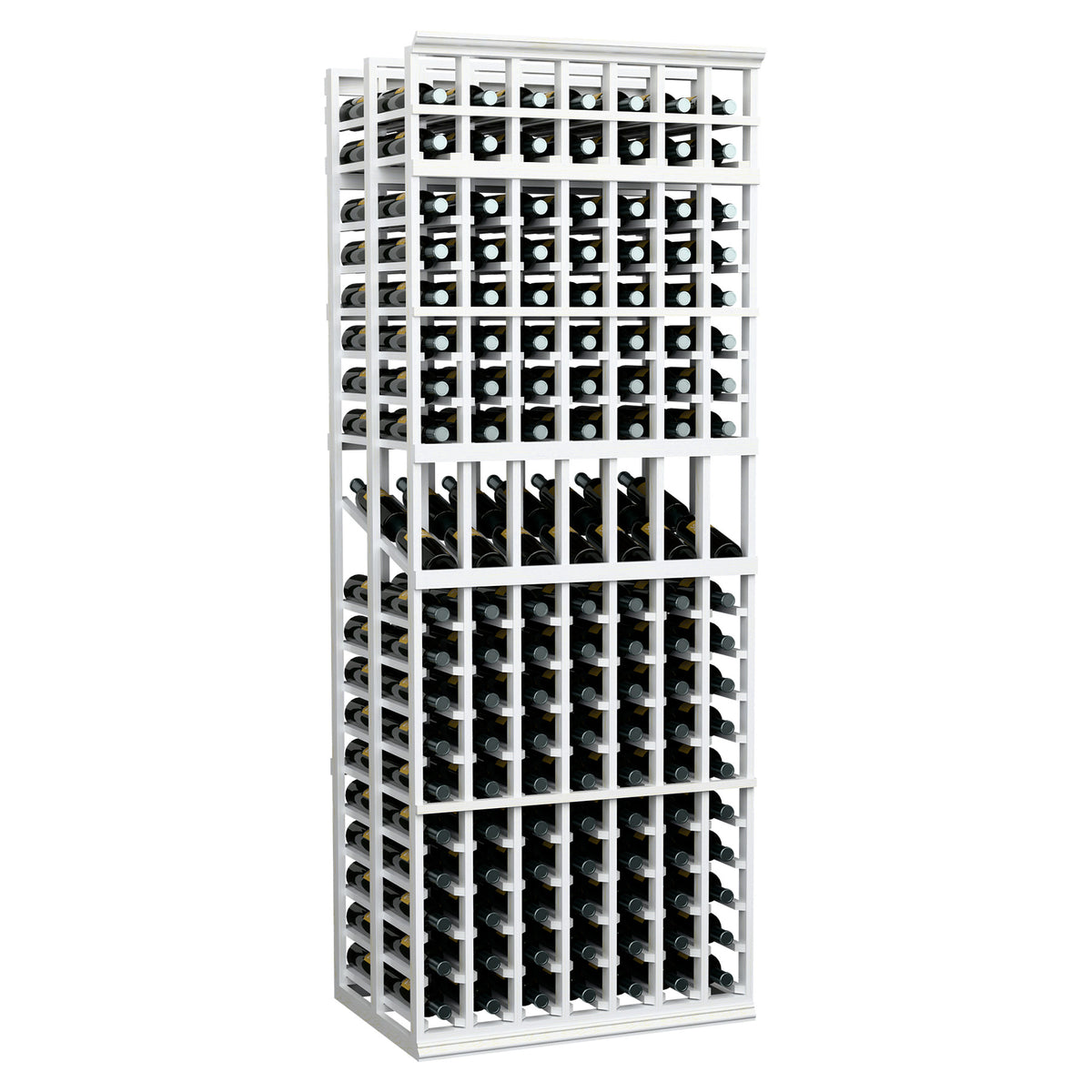 7-column double deep wine display rack, front view with white frame and black bottle slots