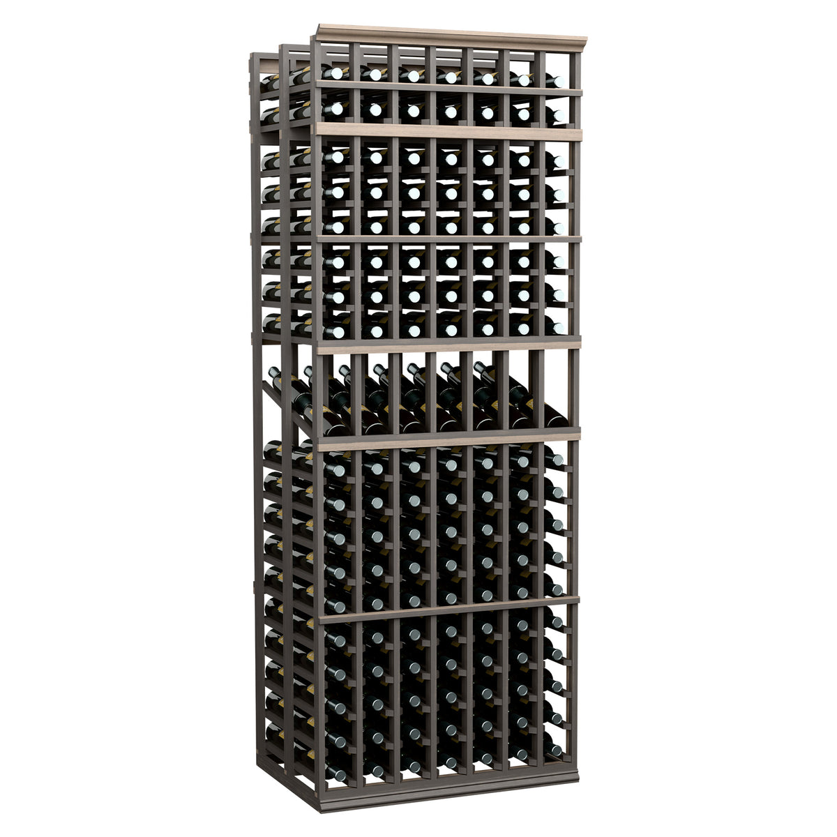 Double-deep 7-column wine display rack with gray frame and front bottle rows