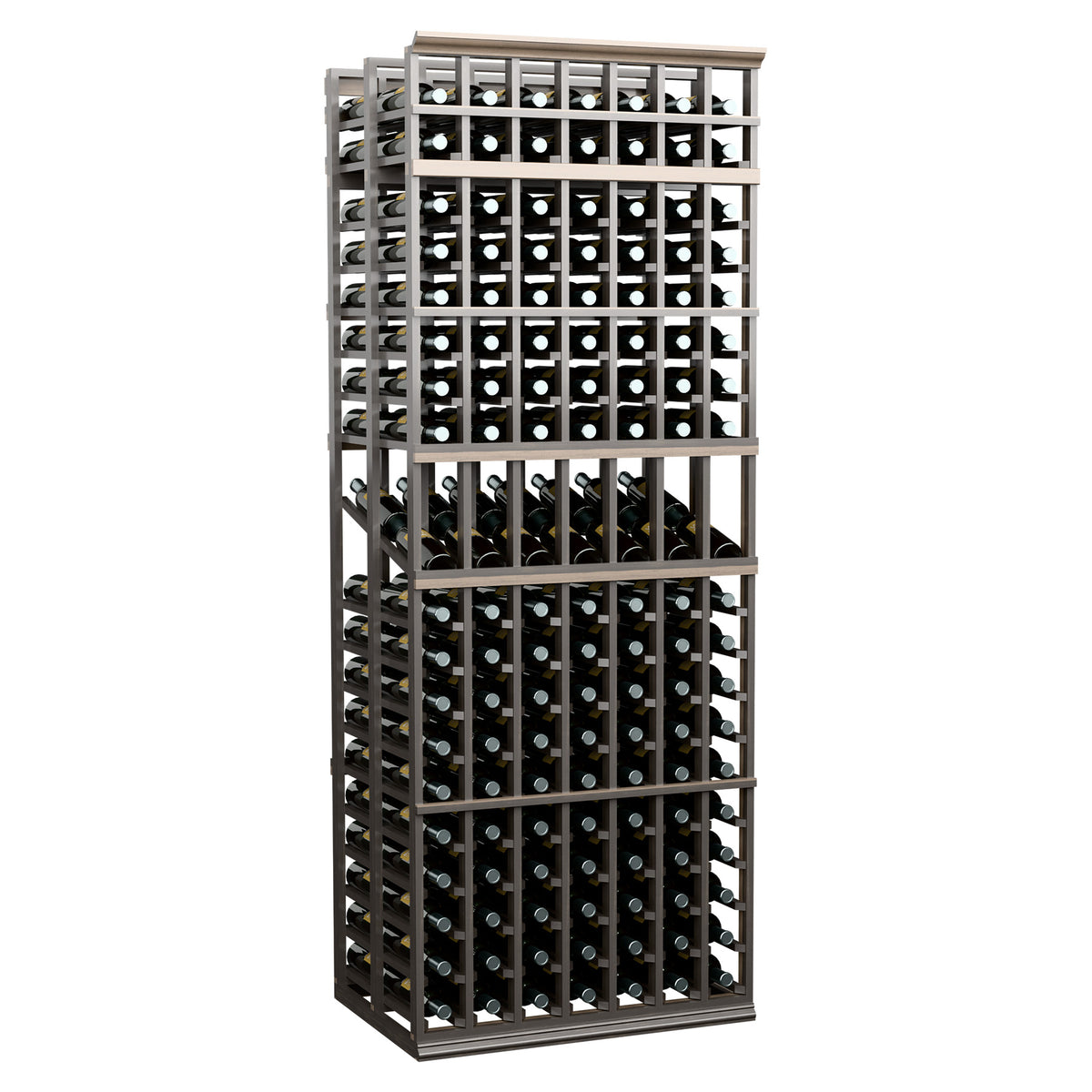 Double-deep 7-column wine display rack with gray frame, featuring multiple bottle rows