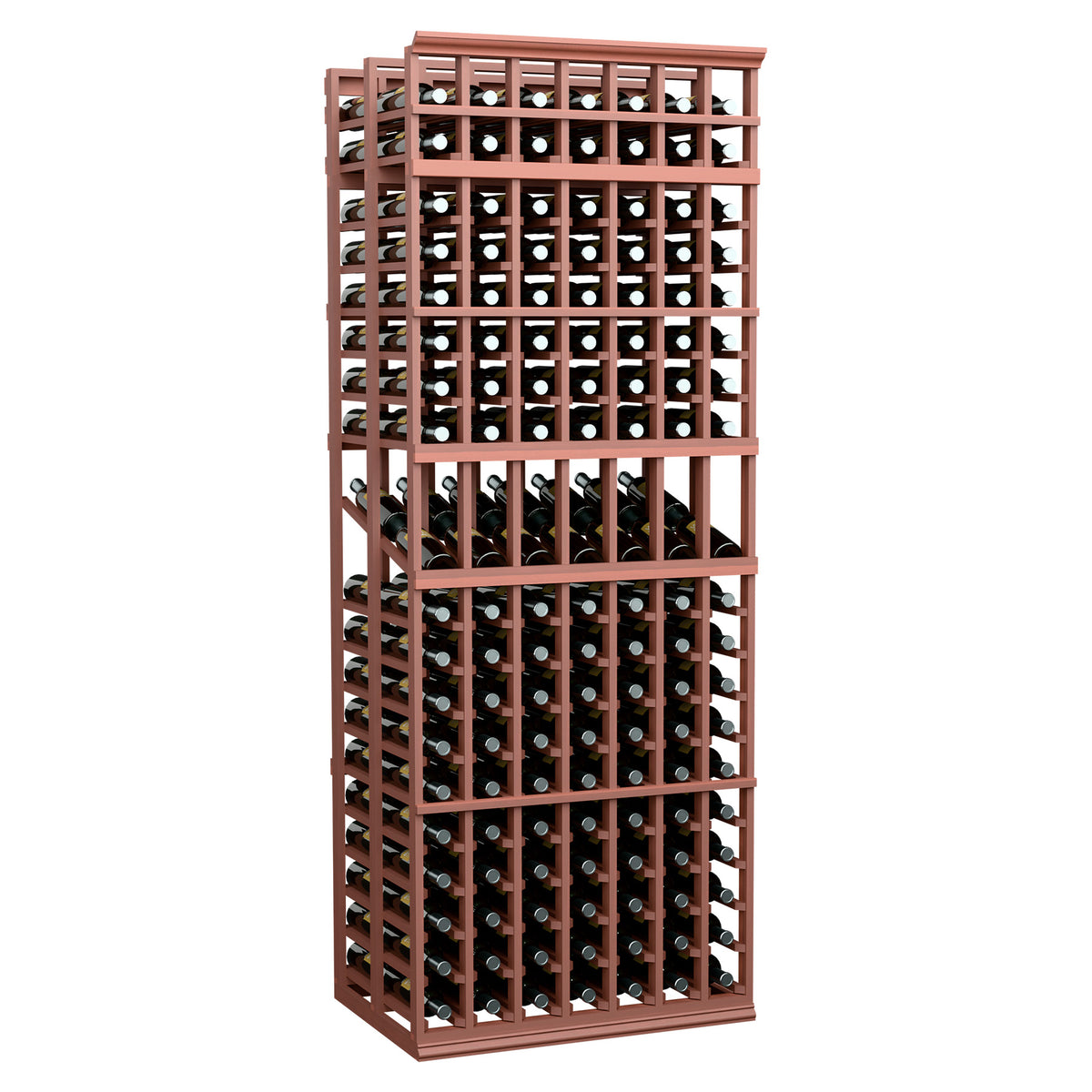Double-deep 7-column wine display rack with red-brown frame and bottle storage rows