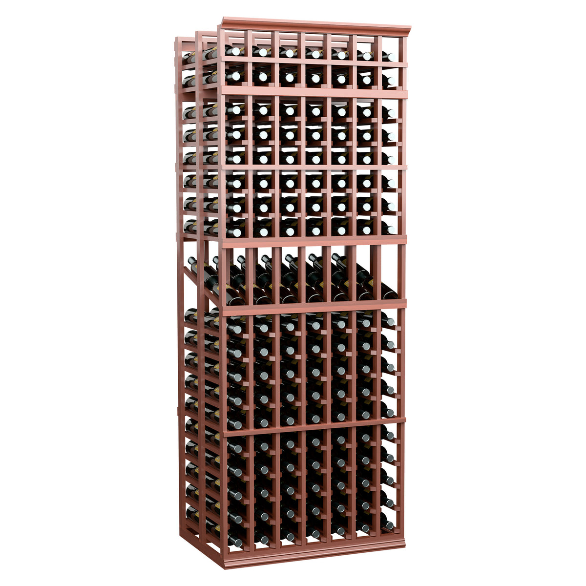 Double-deep 7-column wine display rack with red-brown frame and front bottle compartments