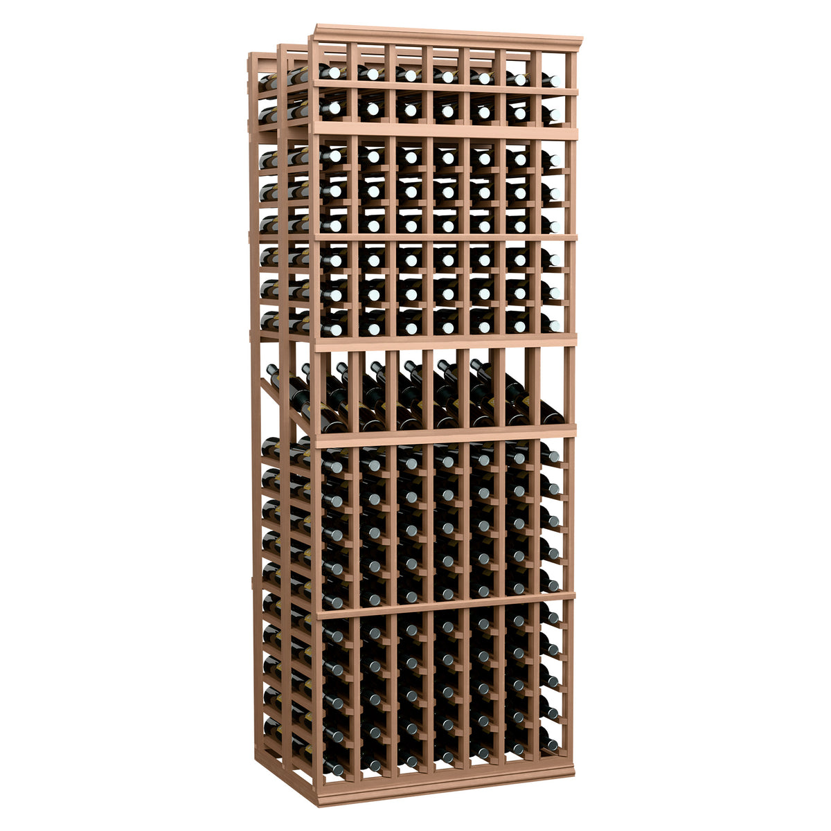 Double-deep 7-column wine display rack with tan-brown frame and stacked bottle rows