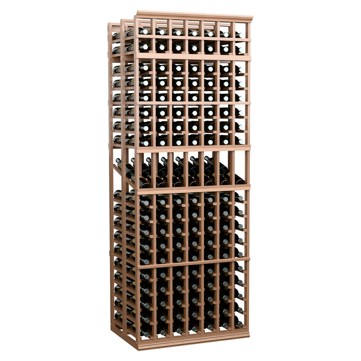 Double-deep 7-column wine display rack with warm brown frame and bottle storage grid