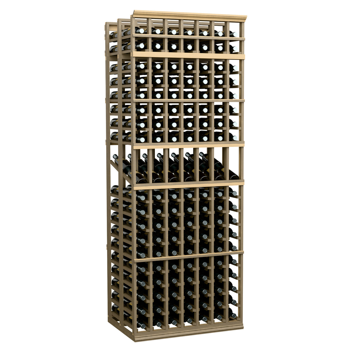 Double-deep 7-column wine display rack with light wood frame and bottle storage slots