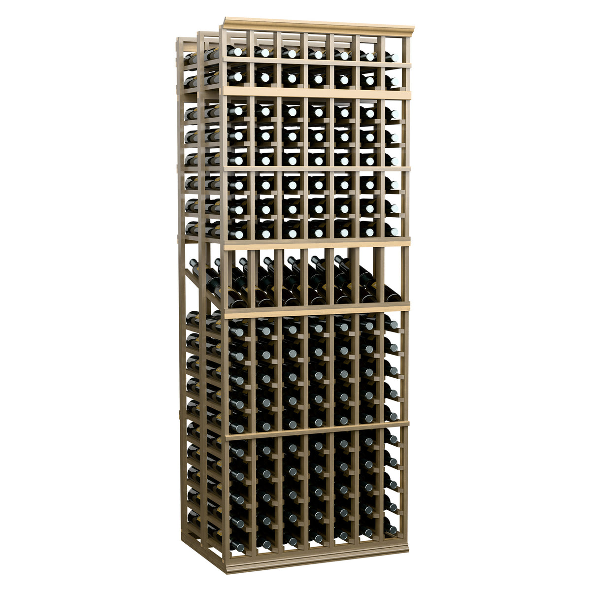 Double-deep 7-column wine display rack with pale wood frame and front bottle rows