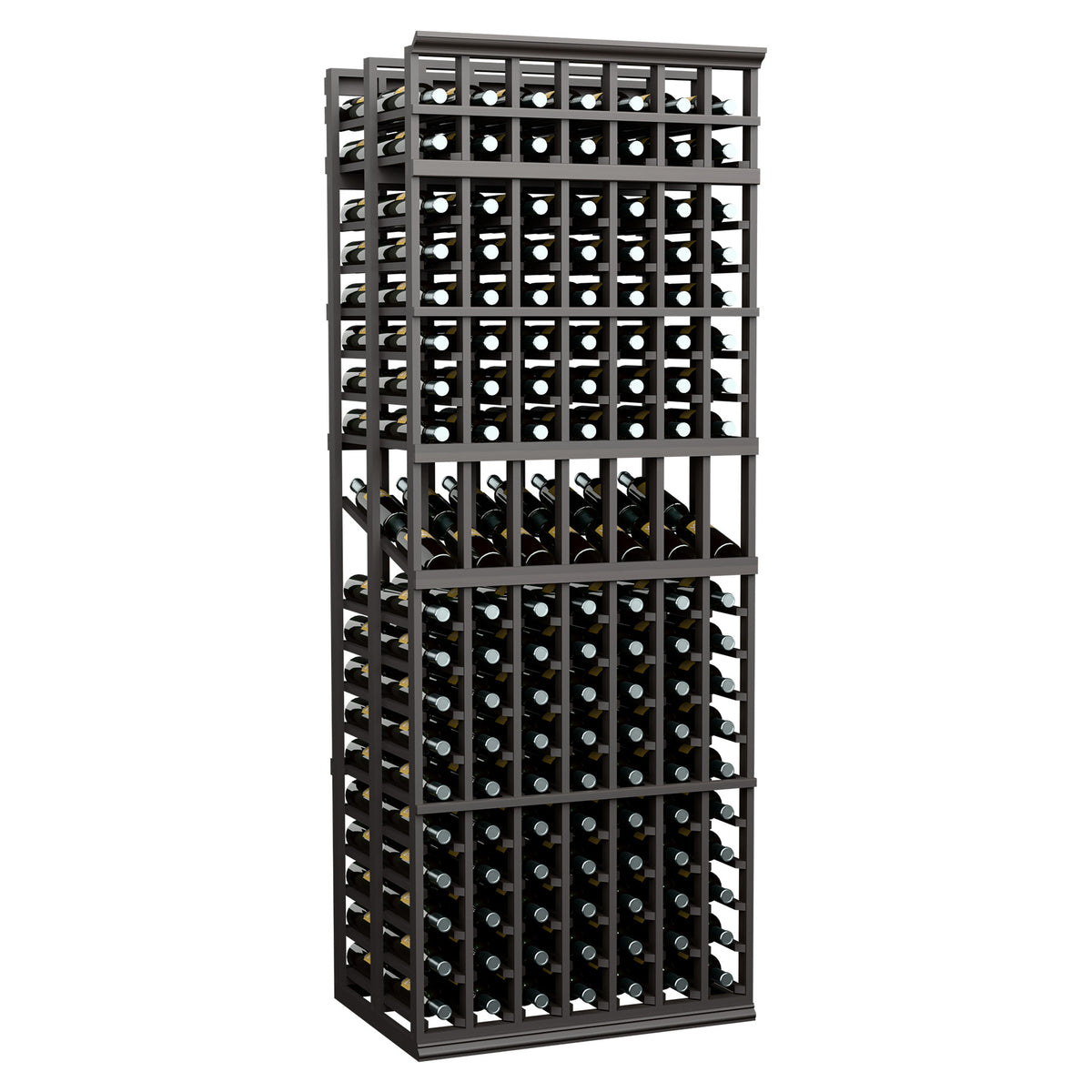 Double-deep 7-column wine display rack with dark gray frame and multiple bottle compartments