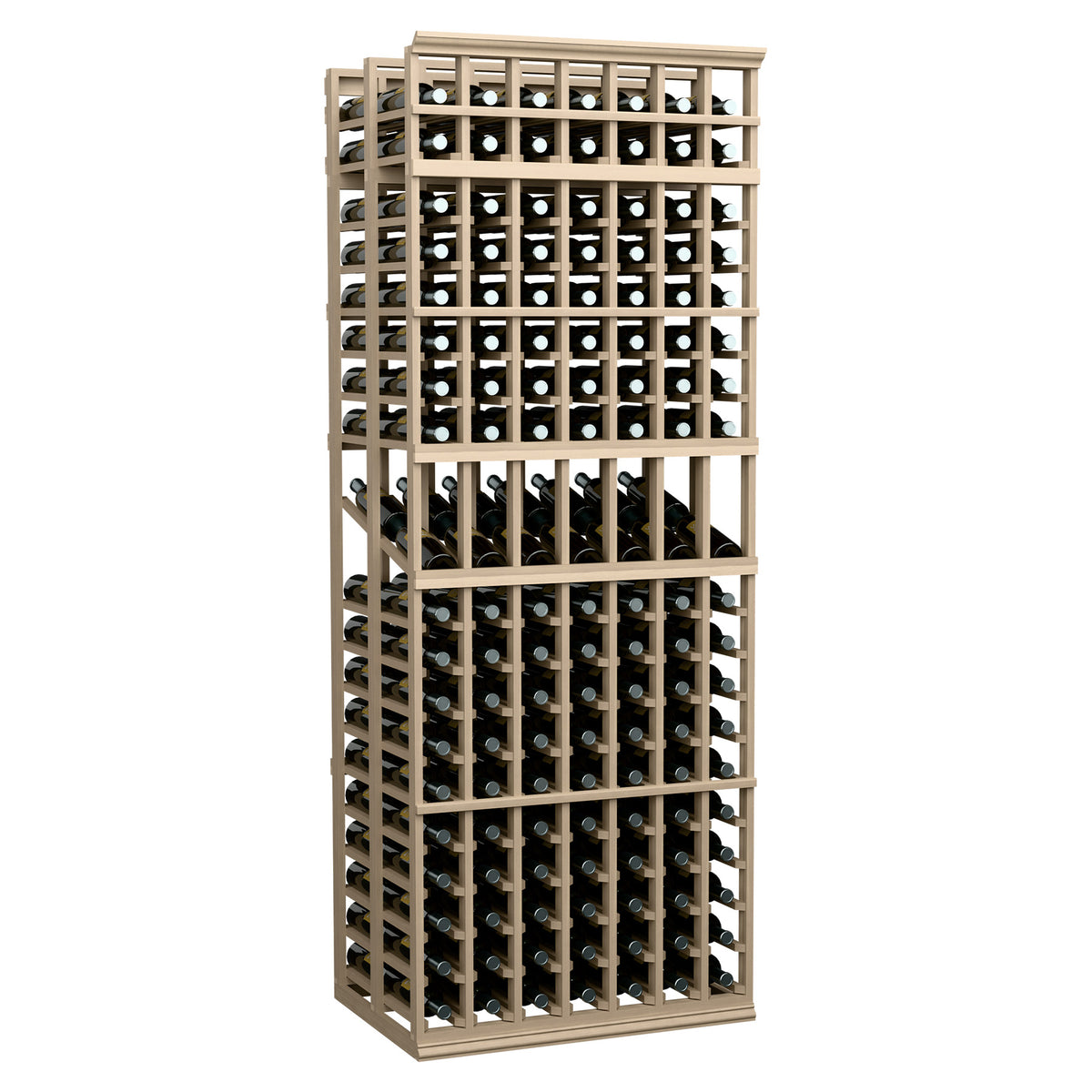 Natural wood double-deep 7-column wine display rack with open lattice dividers