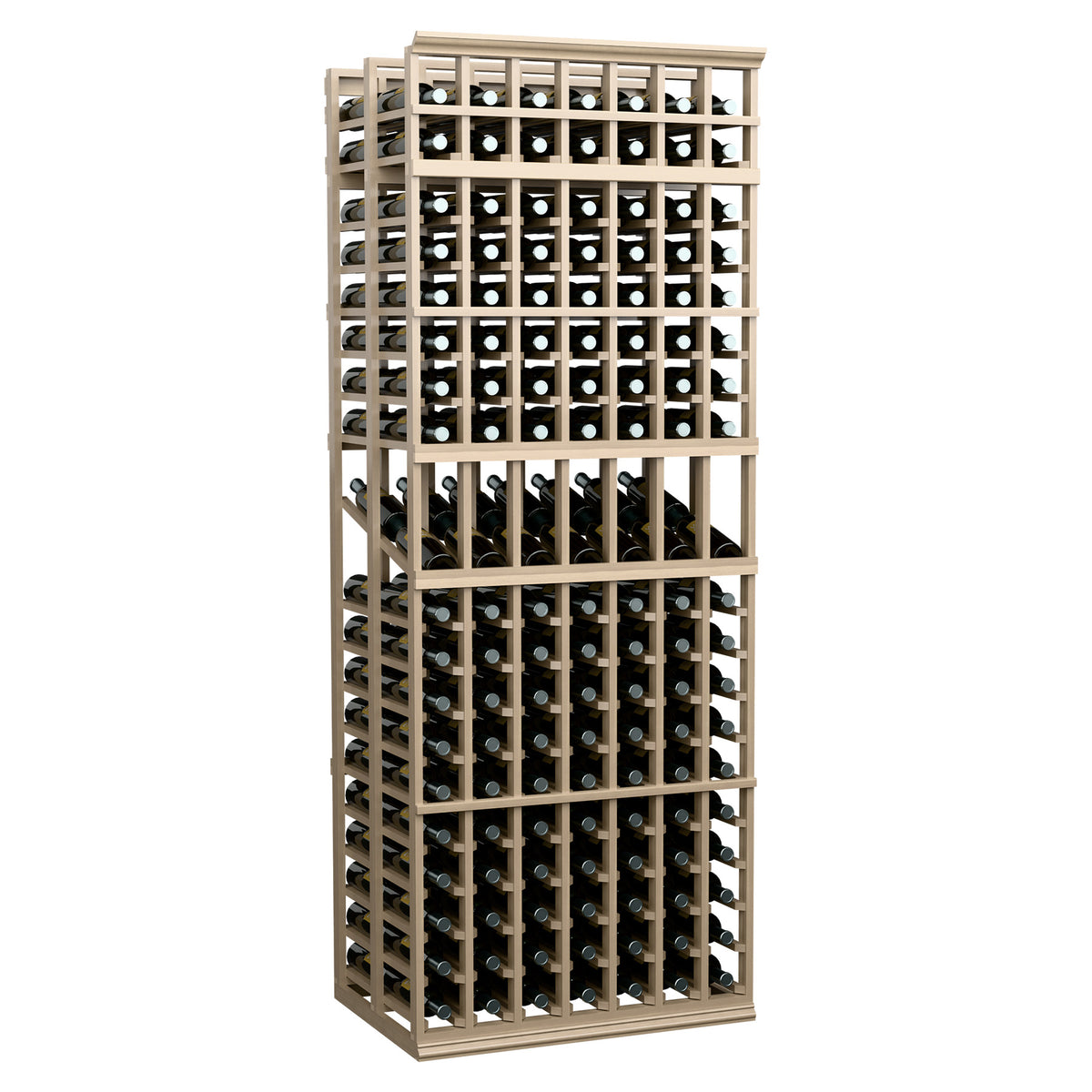 Natural wood double-deep 7-column wine display rack, front bottle rows and lattice