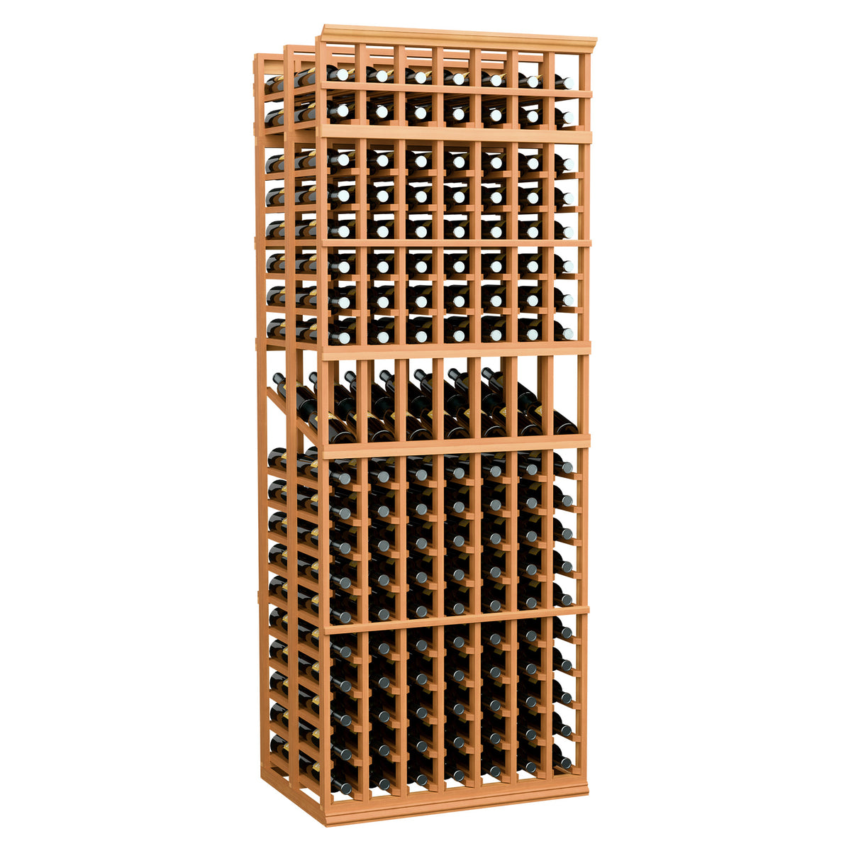 Redwood-toned wood double-deep 7-column wine display rack with bottle cubbies