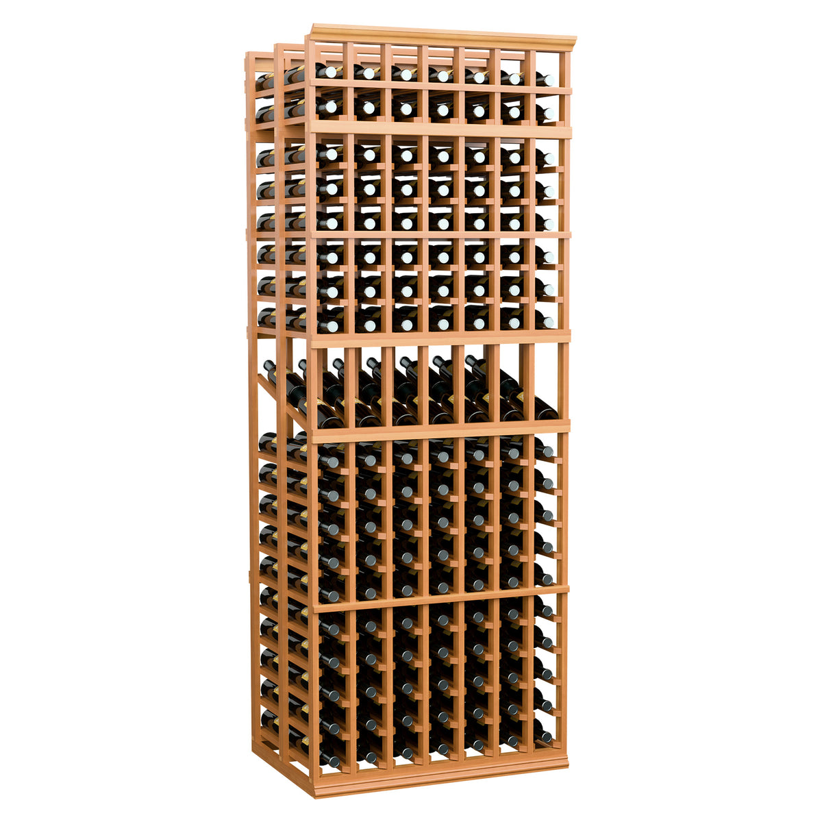 Redwood-toned wood double-deep 7-column wine display rack, full front bottle grid