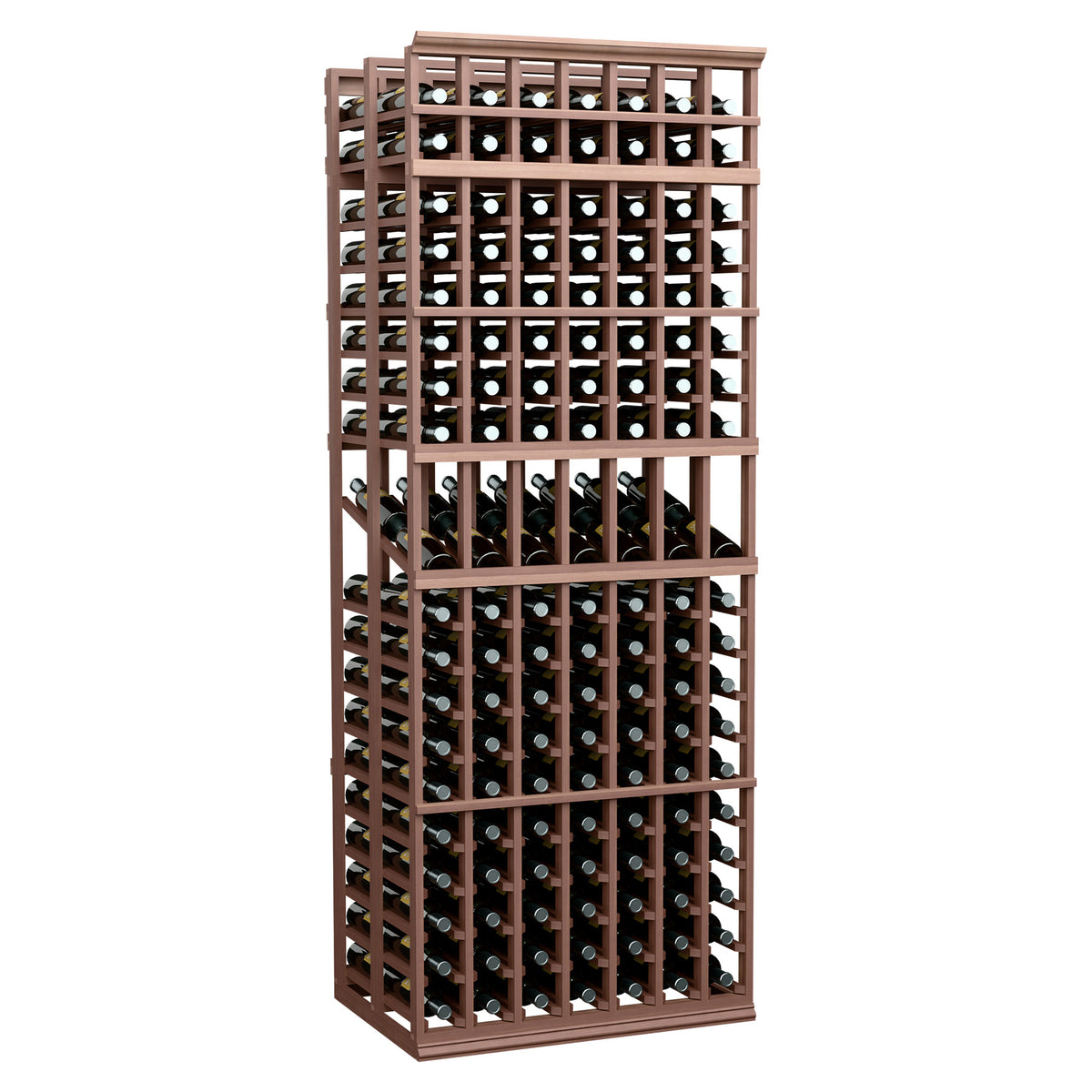 Mahogany-toned wood double-deep 7-column wine display rack with bottle storage