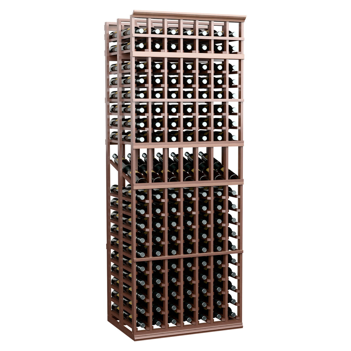 Mahogany-toned wood double-deep 7-column wine display rack with lattice bottle bays