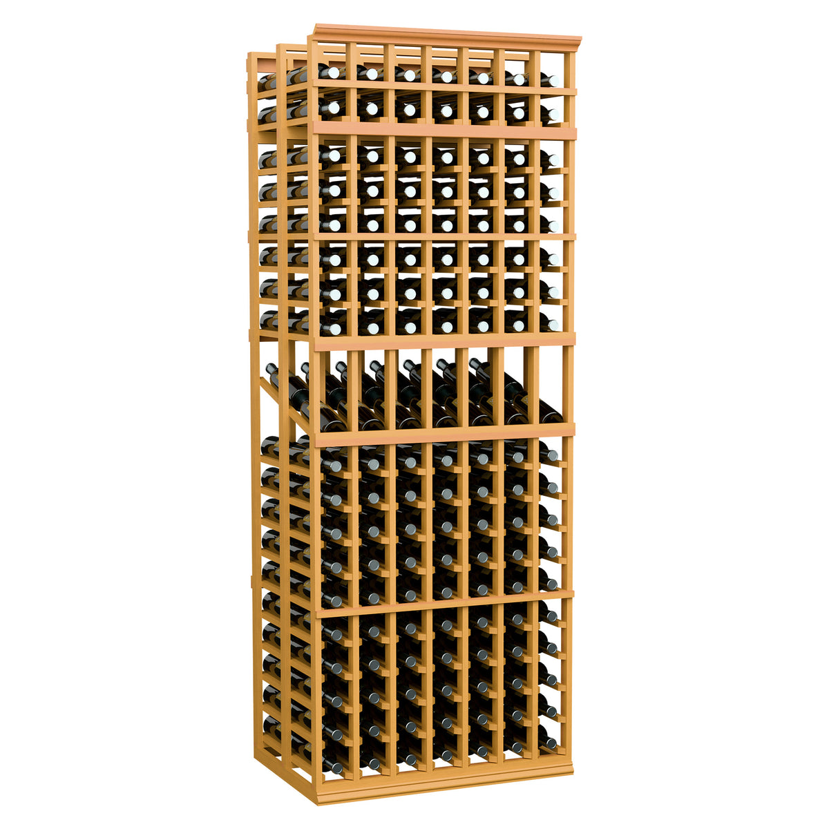 Wheat-toned wood double-deep 7-column wine display rack with bottle slots