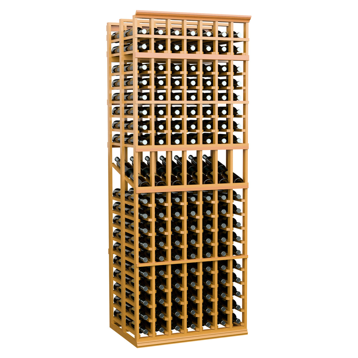 Wheat-toned wood double-deep 7-column wine display rack, front grid for bottles