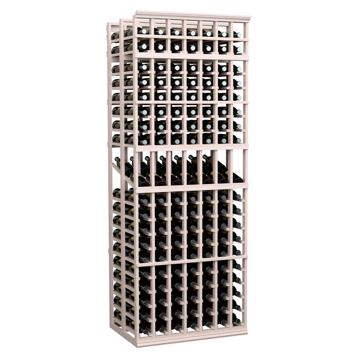 Grey-stained wood double-deep 7-column wine display rack with open lattice bays
