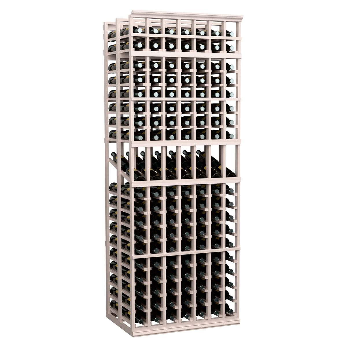 Grey-stained wood double-deep 7-column wine display rack with bottle storage rows