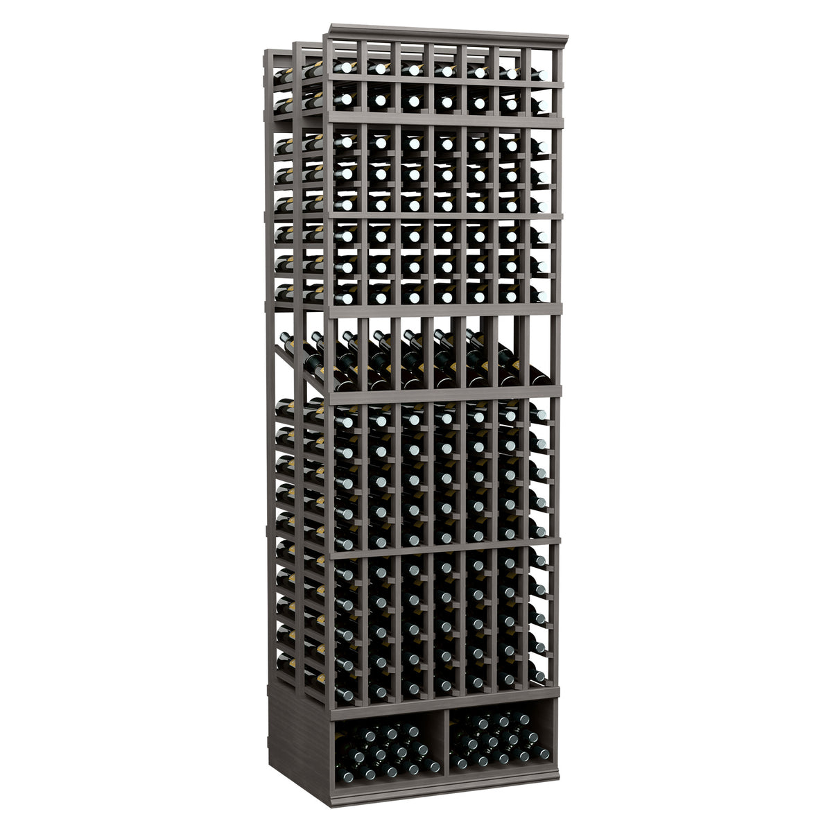 Wine bottle display rack with 7 columns, double-deep slots, dark gray frame