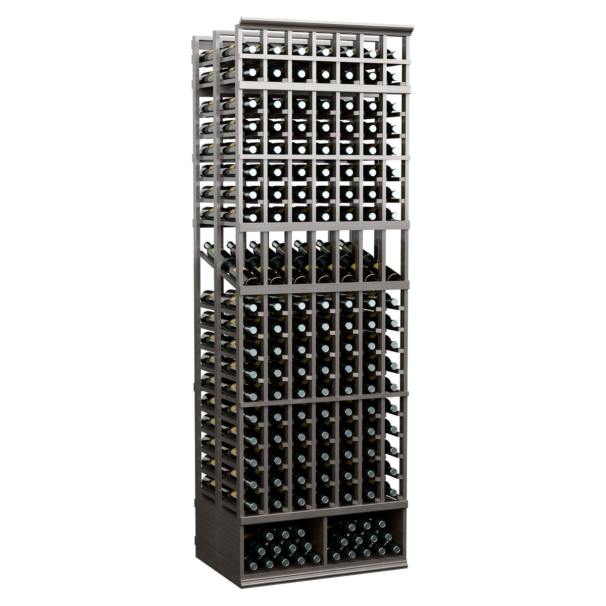 Wine bottle display rack with 7 columns, double-deep slots, black metal frame