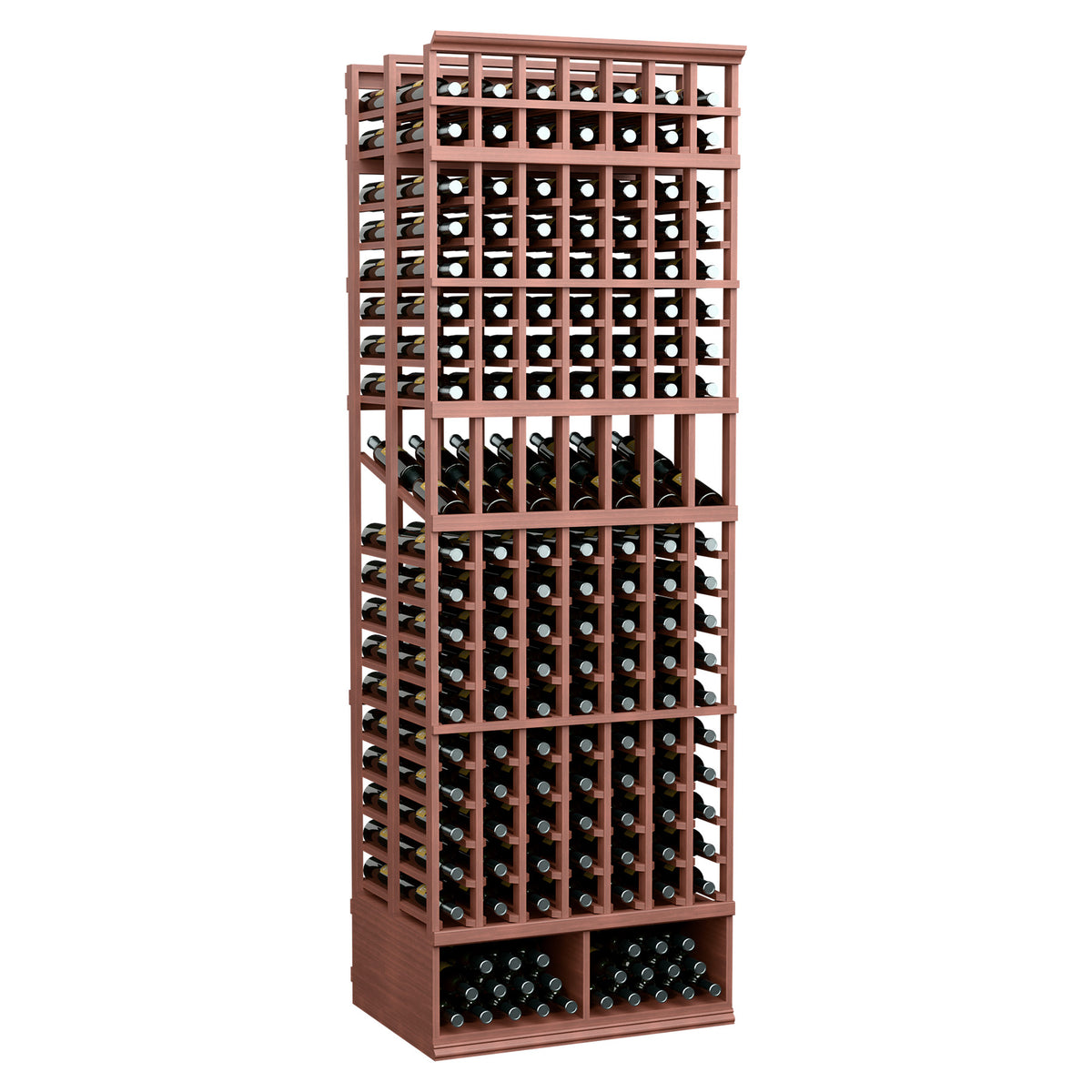 Wine bottle display rack with 7 columns, double-deep slots, reddish wood frame