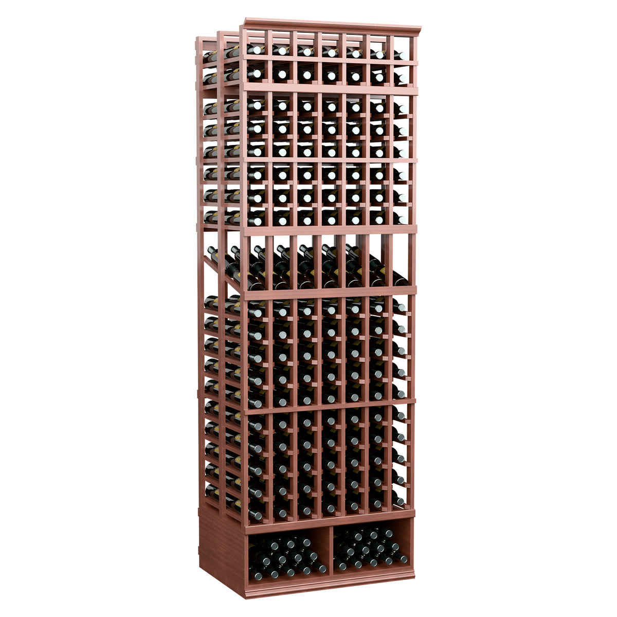 Wine bottle display rack with 7 columns, double-deep slots, warm brown frame