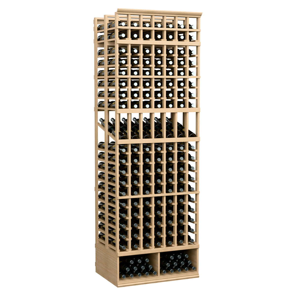 Wine bottle display rack with 7 columns, double-deep slots, light wood frame