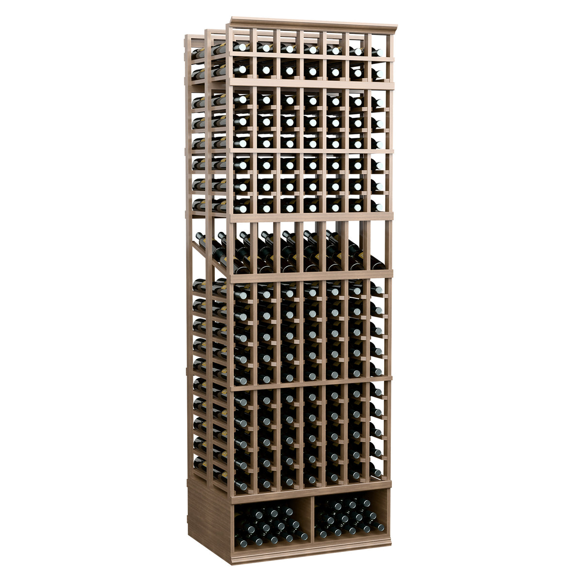 Wine bottle display rack with 7 columns, double-deep slots, natural wood frame