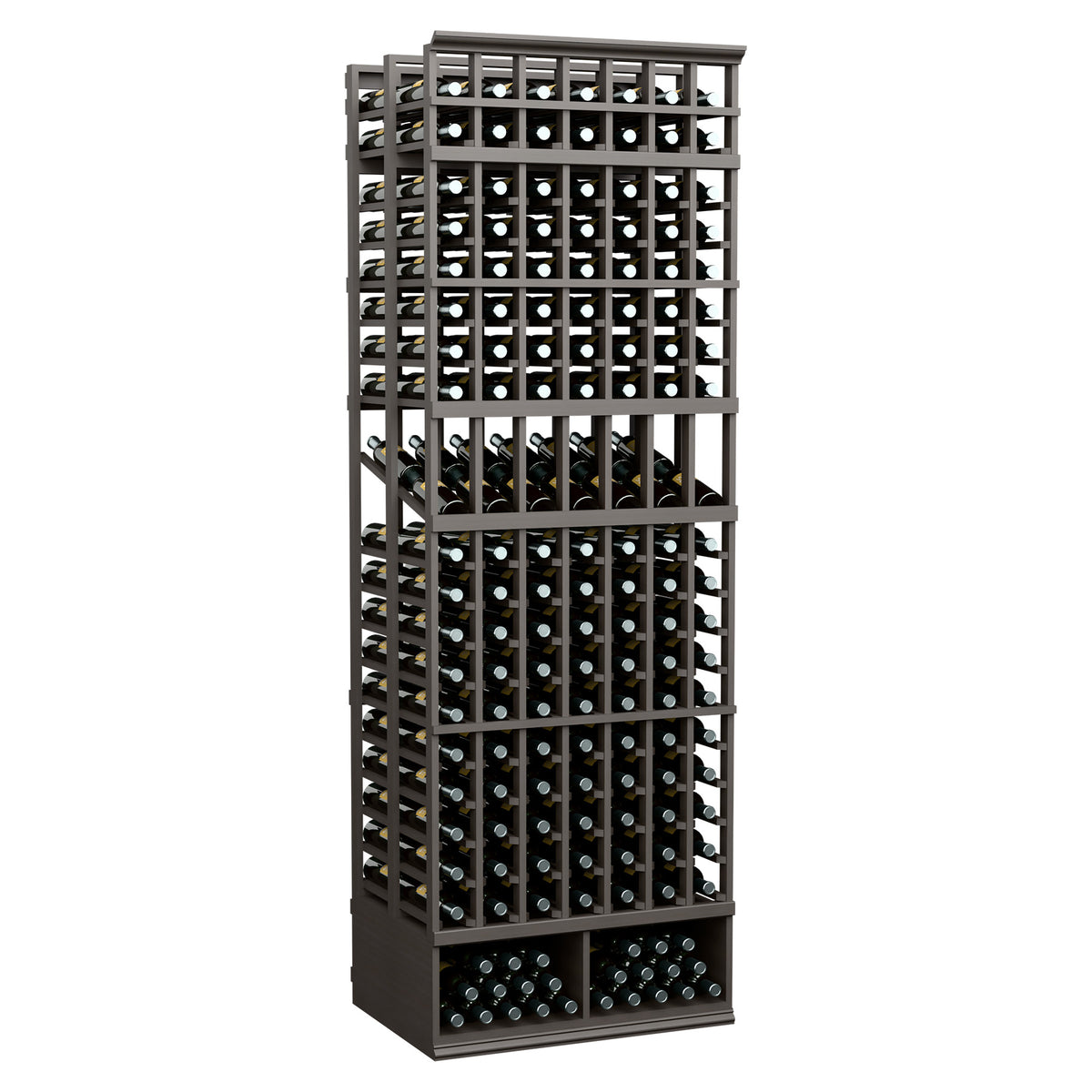 Wine bottle display rack with 7 columns, double-deep slots, dark espresso frame