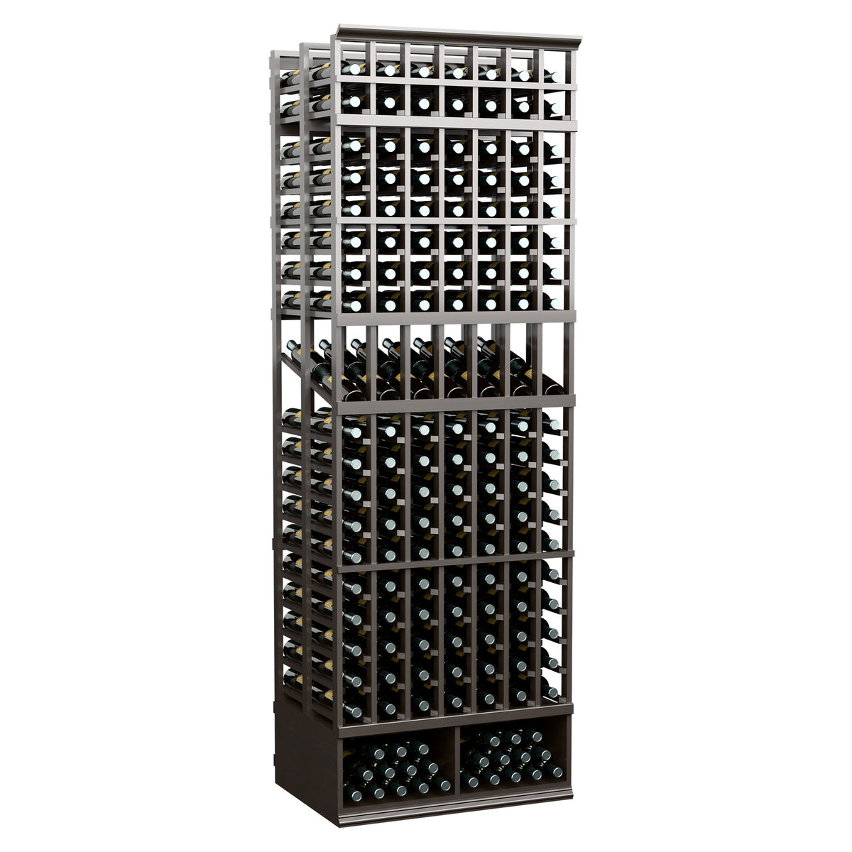 Wine bottle display rack with 7 columns, double-deep slots, dark gray frame