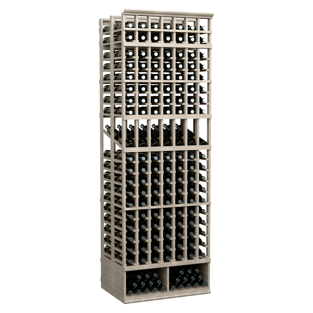 Wine bottle display rack, 7-column double-deep, 8-ft tall, dark gray wood frame