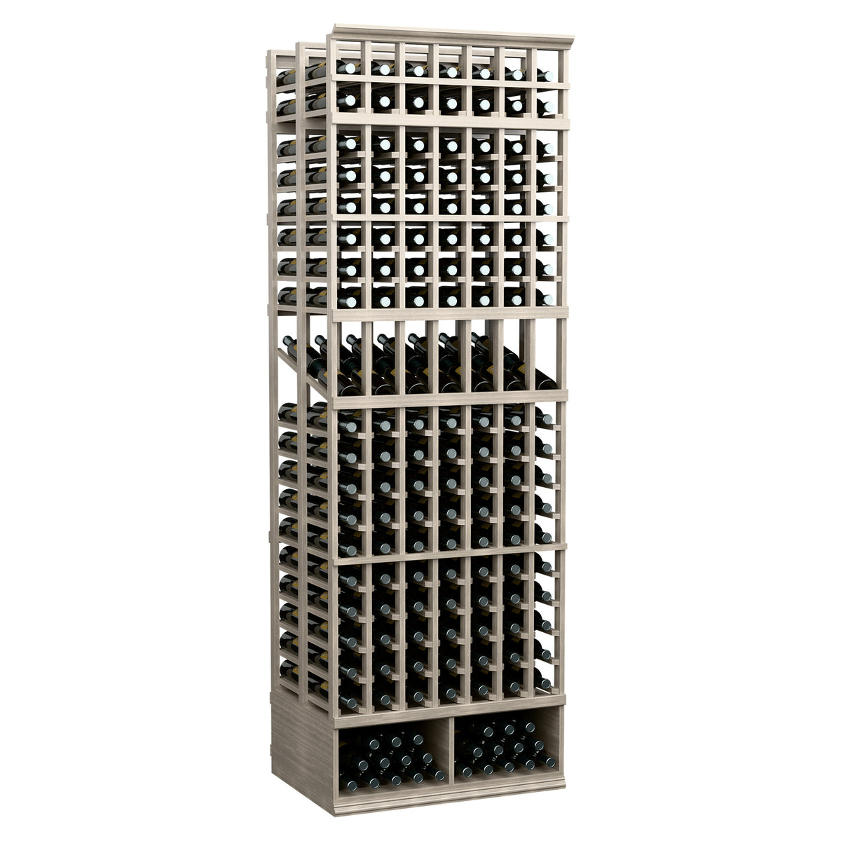 Wine bottle display rack, 7-column double-deep, 8-ft tall, dark gray wood with glass bottle slots