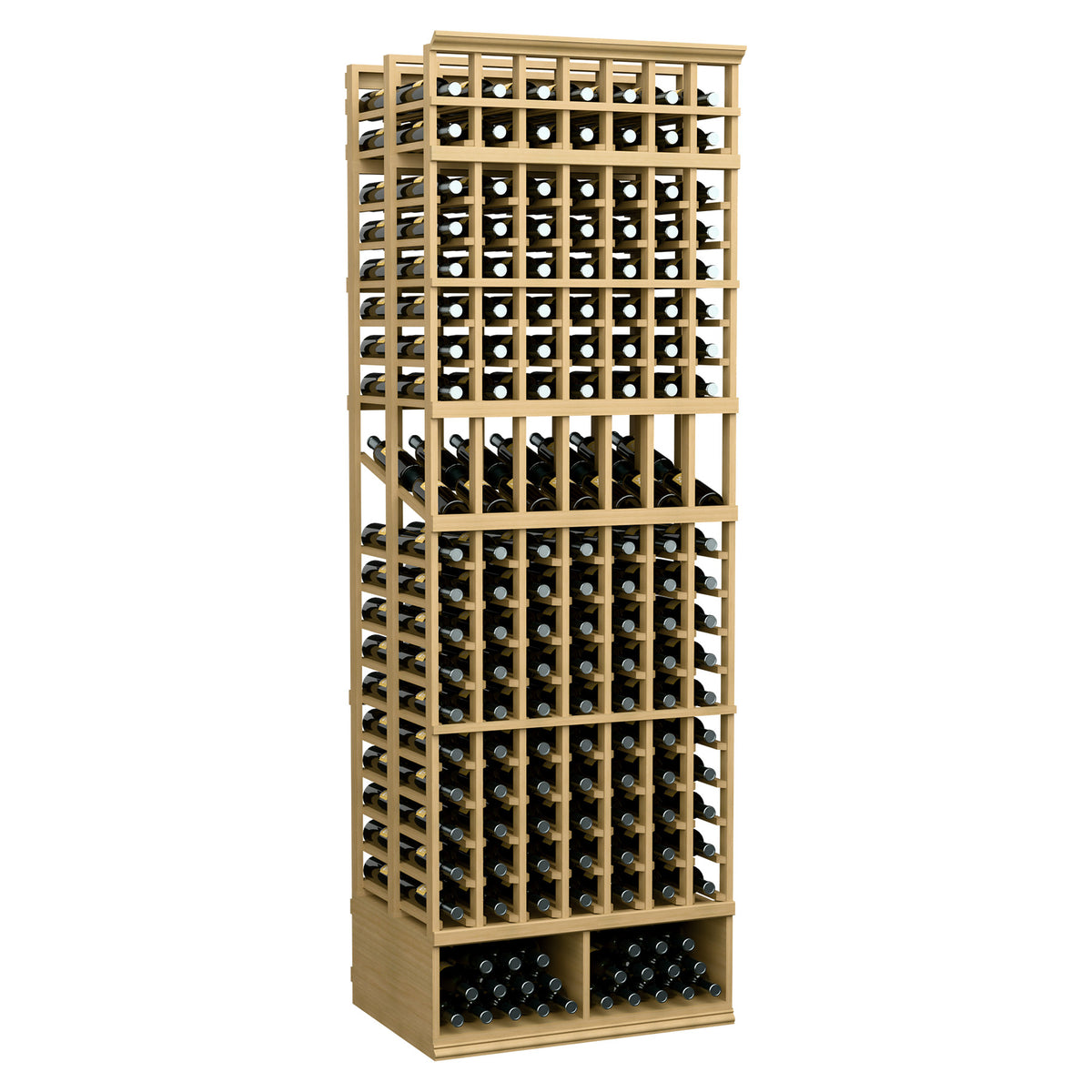 Wine bottle display rack, 7-column double-deep, 8-ft tall, natural light wood frame