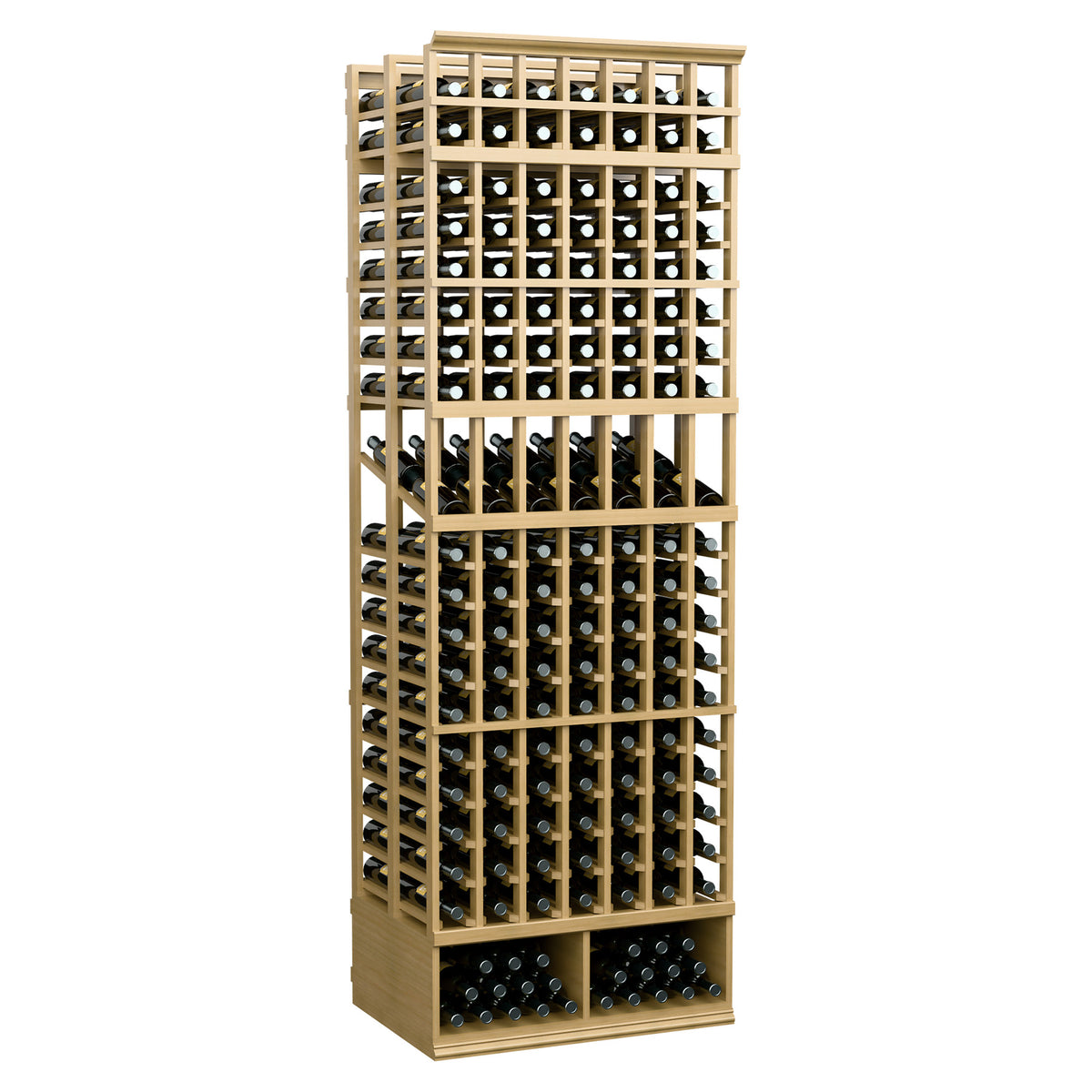 Wine bottle display rack, 7-column double-deep, 8-ft tall, pale wood frame with bottle holes
